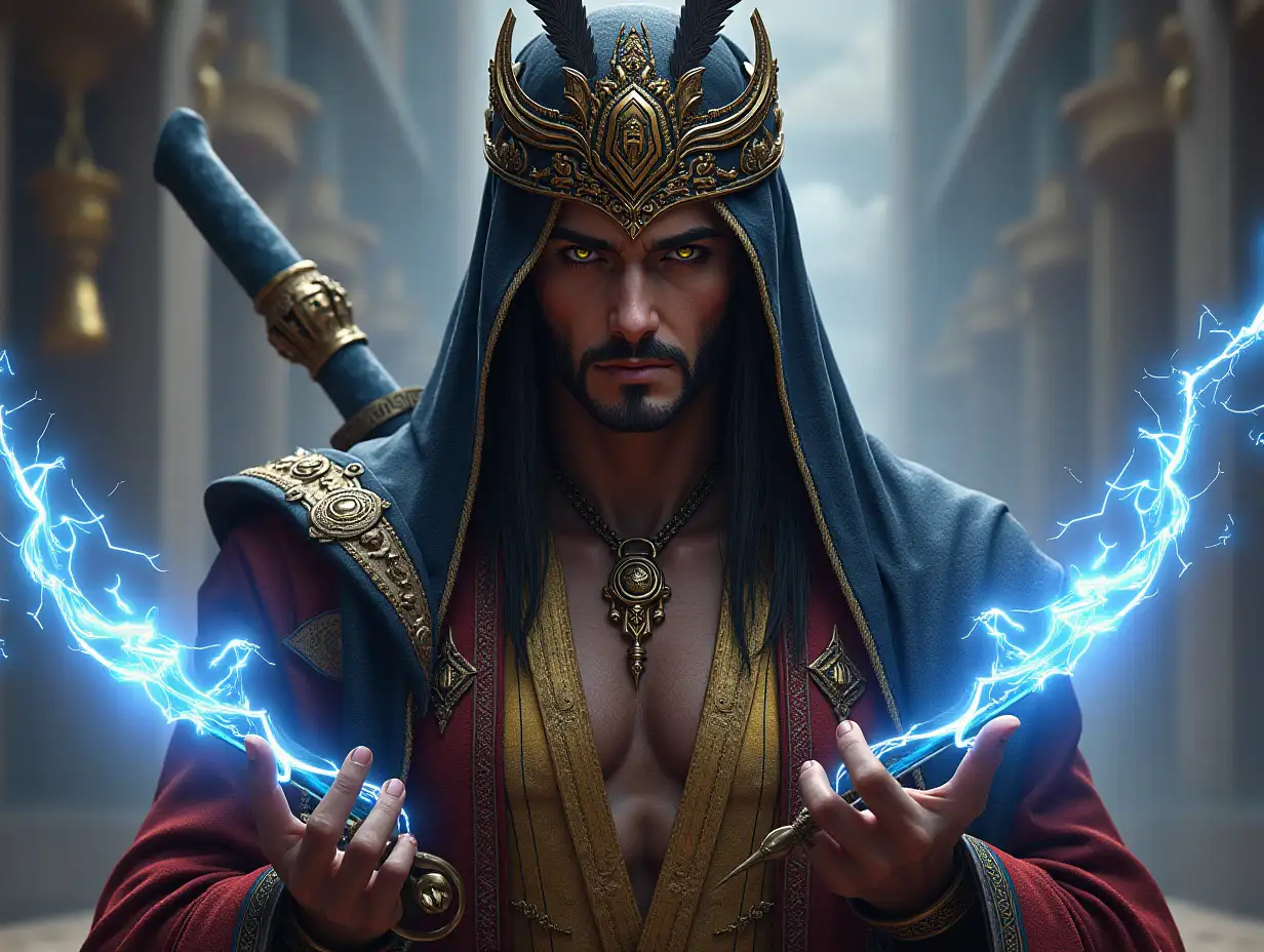 A male character with distinct Arabic features and attire, blending traditional Arab aesthetics with elaborate cult robes. Wearing long, intricate robes adorned with gold and vibrant colors, reflecting a rich cultural heritage. She wears a hat or head covering with detailed embellishments like feathers or golden designs, giving her a regal and formal appearance. Holding two large curved blades (katar) in each hand, reminiscent of traditional Arabian swords. The eyes are not yellow but have a deep, expressive color that conveys mystery and beauty. Lightning emanates from her hands, showcasing her powerful abilities. Close-up on her face, highlighting her Arabic features and intense expression. The scene is set against a background typical of Mortal Kombat 11, without any UI elements, focusing solely on the character. The character is part of a trending artwork on ArtStation, titled 'Su Fu, Emperor,' inspired by the Mortal Kombat universe.