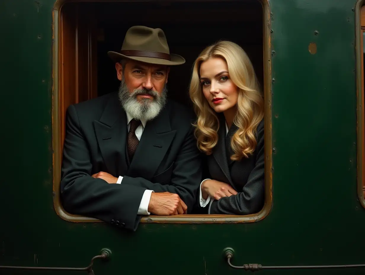 An oil painting man with a grey tidy beard and a beautiful woman with long blonde hair are looking out the window of a green pullman carriage on a steam Train 1940  both dressed in typical formal attire . the camera is looking into the carriage from outside.The background is a railway station, dark gray, creating an atmosphere of mystery and elegance, --s 500 --v 6.0 --style raw --ar 51:91