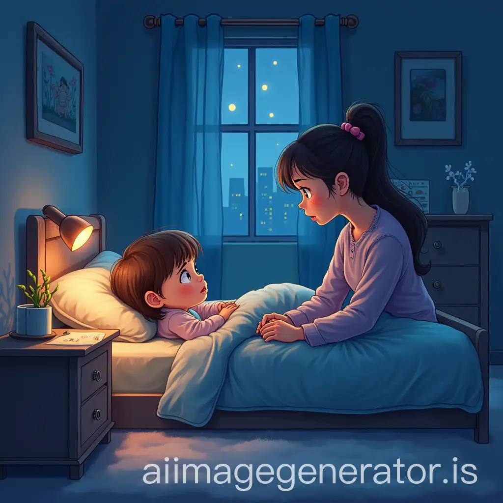 for a drawing book: little girl lying on her bed and her mom sitting and talking to her, girl quite worried at night .. view of the entire room and the bed