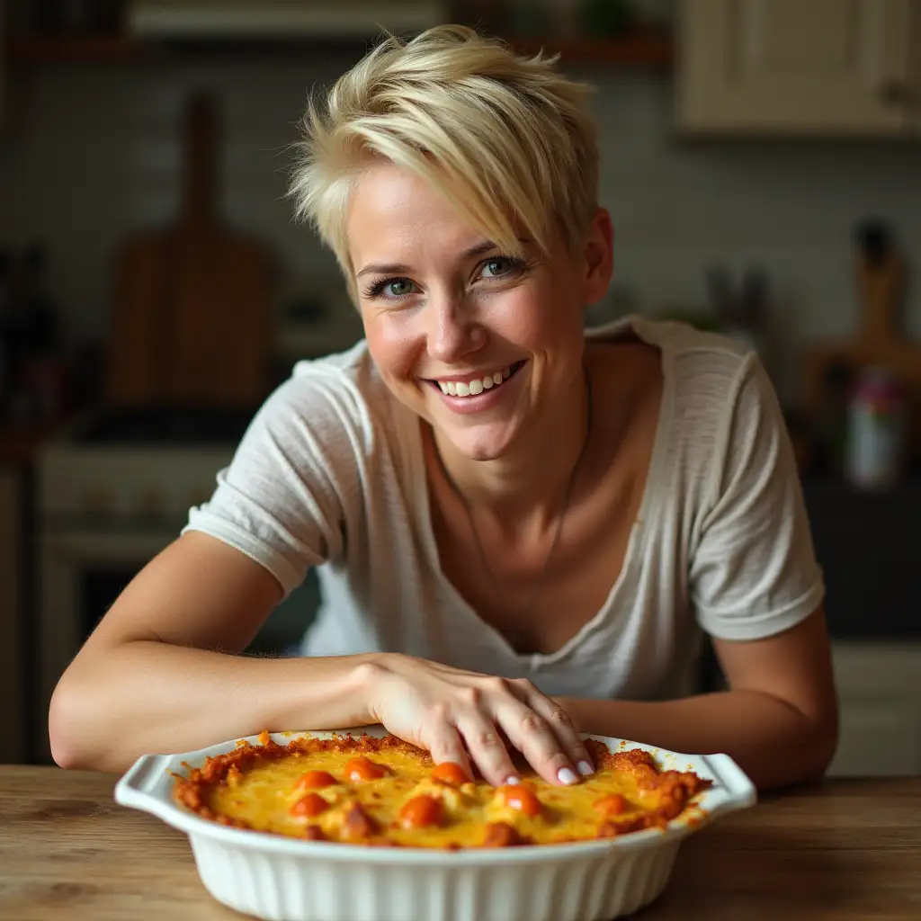 Woman-Falling-Into-CasseroleWoman-with-Blond-Pixie-Cut-Falling-into-Casserole-Dish