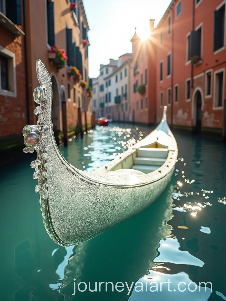 Transparent-Glass-Gondola-Gliding-Through-Sunlit-Venetian-Canals