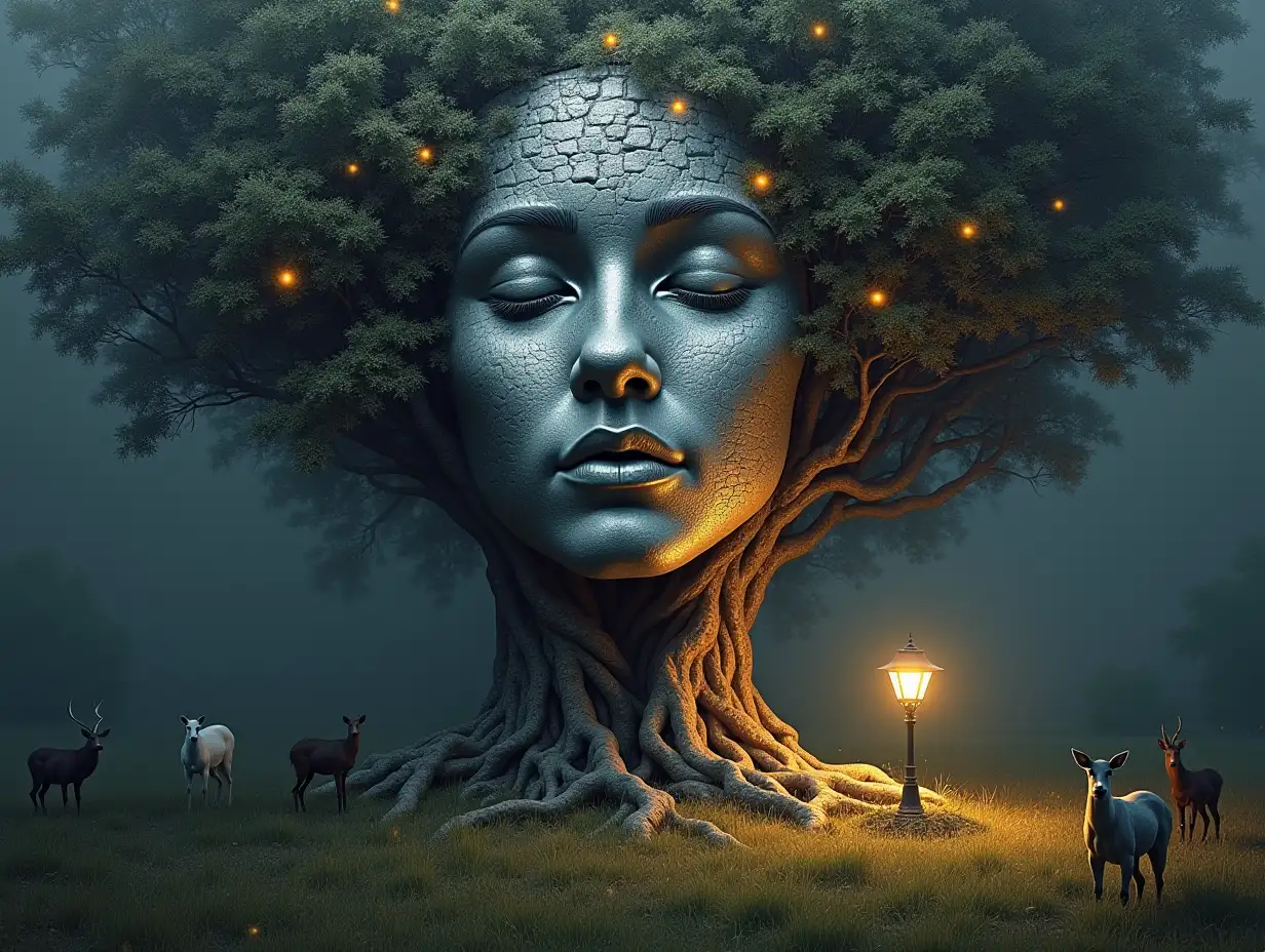 Face with hair transformed into building with silver stone and Illuminated trees with roots and lamp on a meadow with animals looking at the viewer 