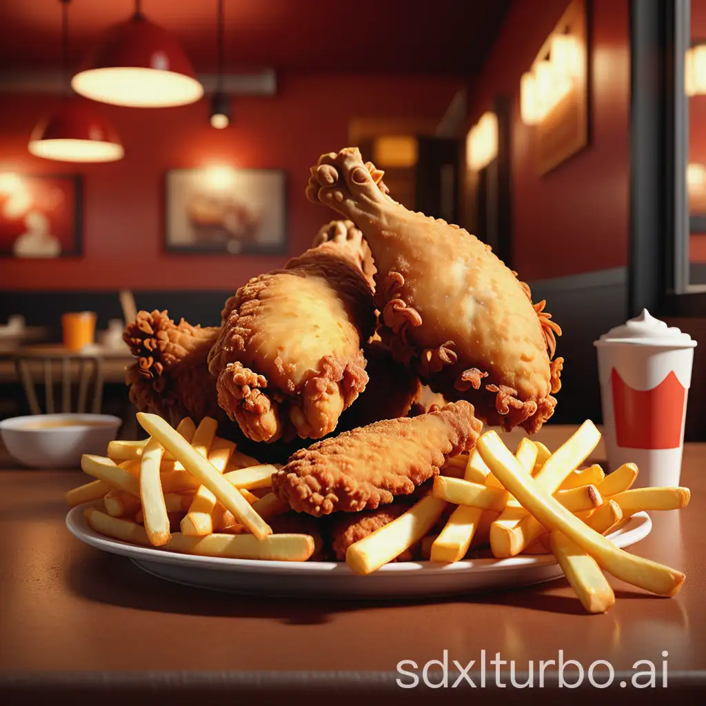 Hyperrealistic image of crispy fried chicken and crispy french fries on a restaurant table, warm lighting, appetizing colors, evoking hunger.