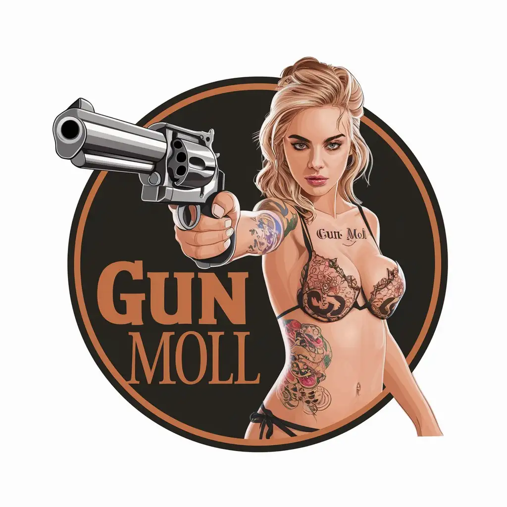 a vector logo design,with the text "Gun moll", main symbol:young very beautiful tattooed blonde girl with very large bra in bikini with big classic peacemaker revolver in her hand,Moderate,clear background