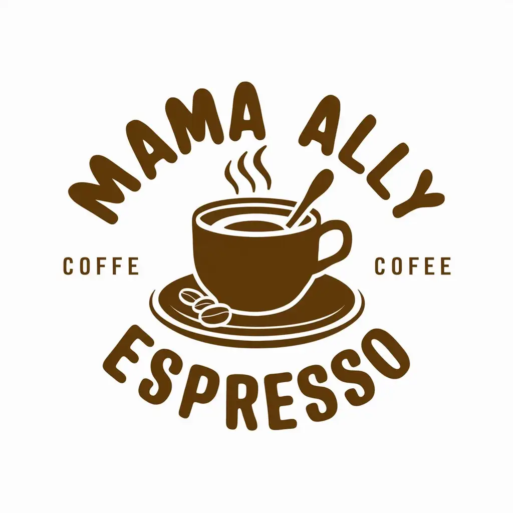 LOGO Design For Mama Ally Espresso Steaming Coffee Cup with Spoon and Coffee Beans