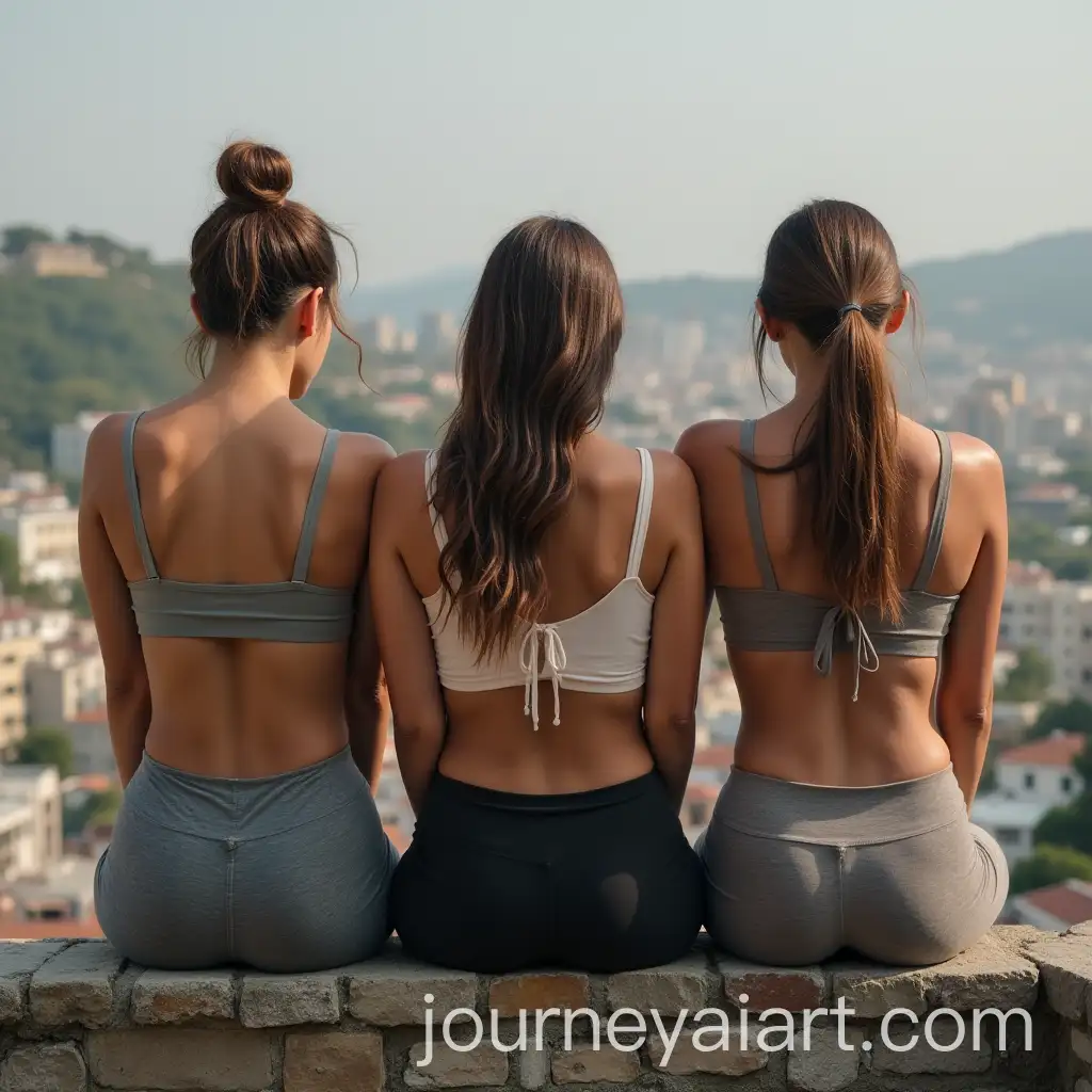 Three-Women-Sitting-on-Iron-Wall-in-Tight-Trousers-from-a-Low-Angle-View
