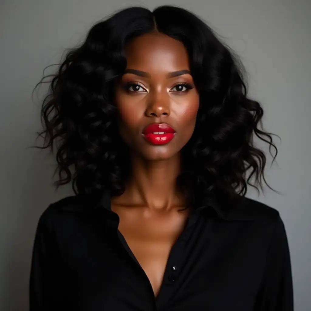 Stylish African American Woman with Red Lipstick and Wavy Black Hair