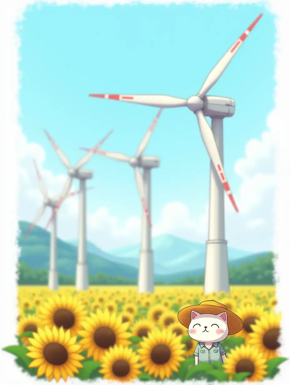 huge three-bladed electric wind turbines on white cone supports, three long white blades with red risks at a distance of 1/3 of the blade length. Wind turbines stand in a sunflower field, with mountains in a blue haze in the background. A small white cat in a linen shirt and a yellow straw hat peeks out of the sunflowers. The image is stylized as a laminated sticker on a self-adhesive sticker on a white background, a vector image in the style of anime.