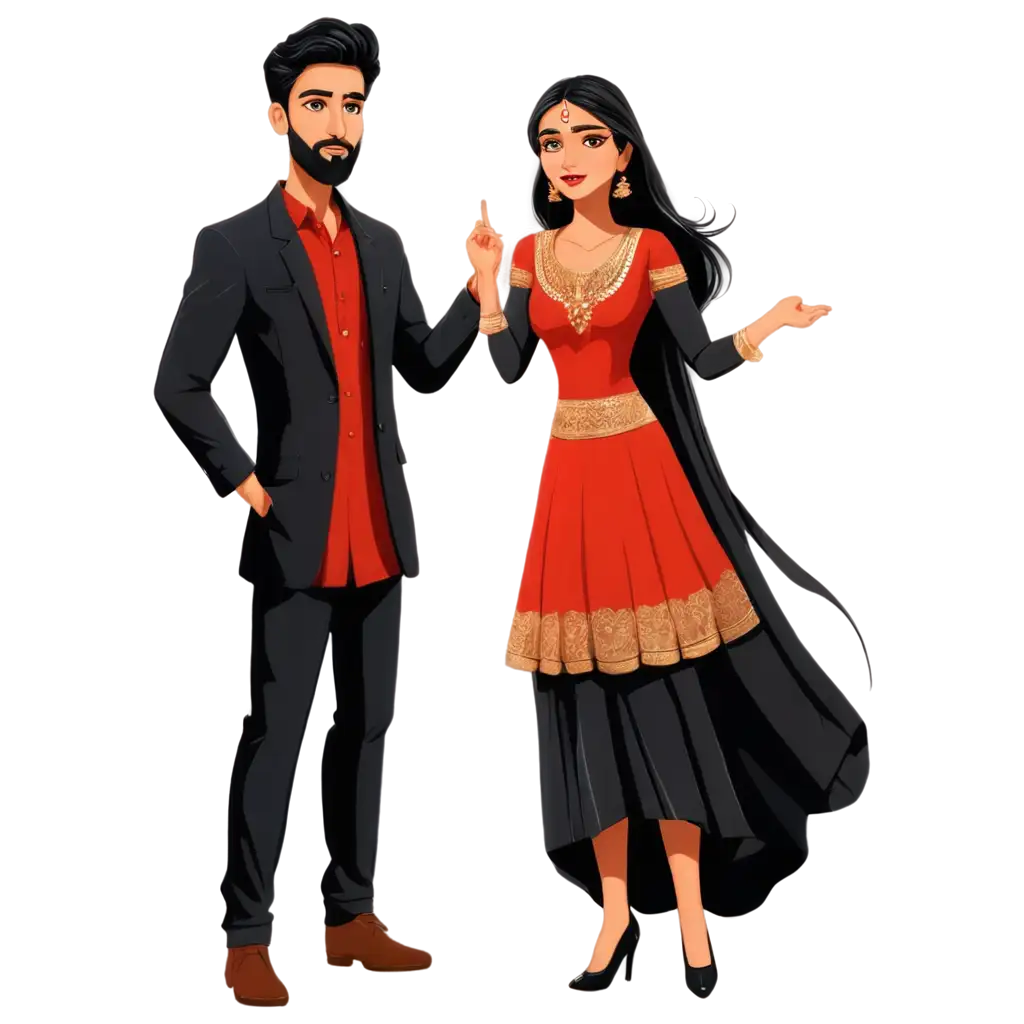 Cartoon-Indian-Professional-Wear-Couple-PNG-Image-Black-and-Red-Clothing-Design-for-Various-Applications