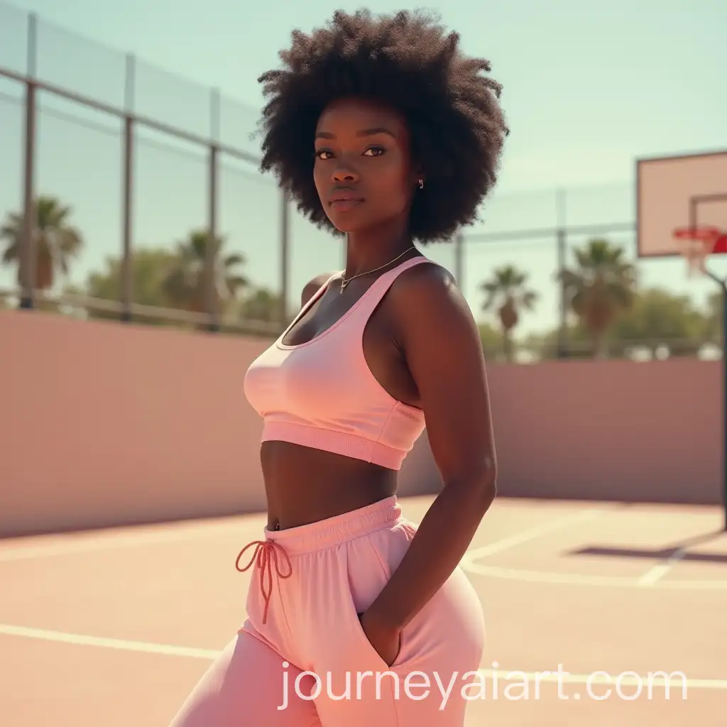 Fashionable-Black-Woman-with-Afro-at-Basketball-Court-Photoshoot