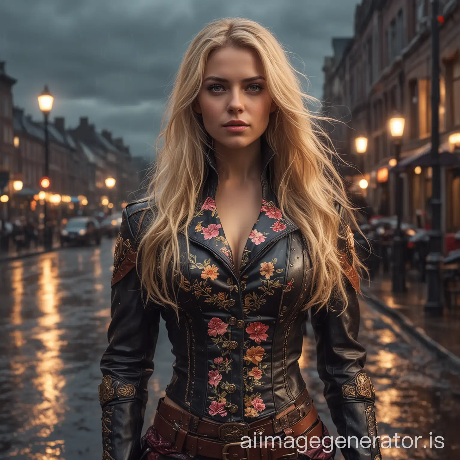 attractive female superhero, long blonde hair, leather and floral steampunk and floral outfit, rainy city setting, dusk lighting, cinematic, realistic, detailed, photograph