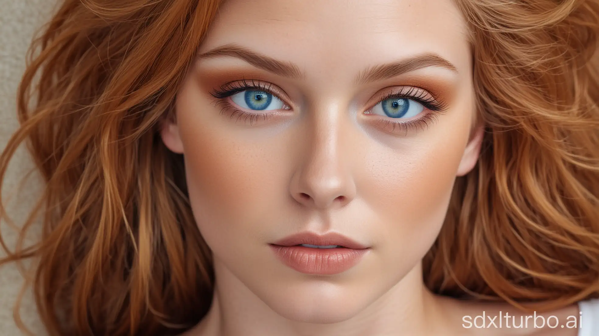 warm copper-red color with a caramel-golden shade haired woman with white skin color and blue eyes looking straight to the camera from above