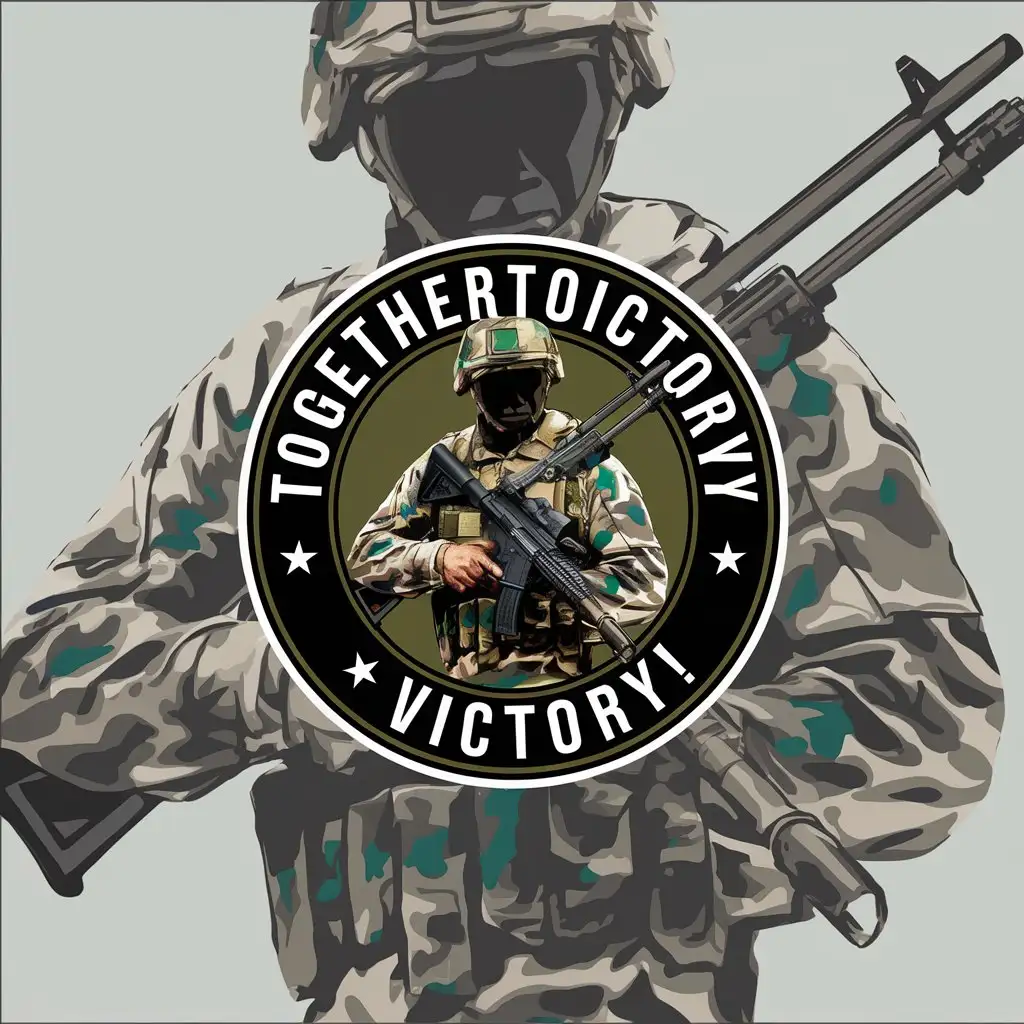 LOGO-Design-for-TogetherToVictory-Camouflage-Soldier-with-Rifle-Round-Shape-Clear-Background