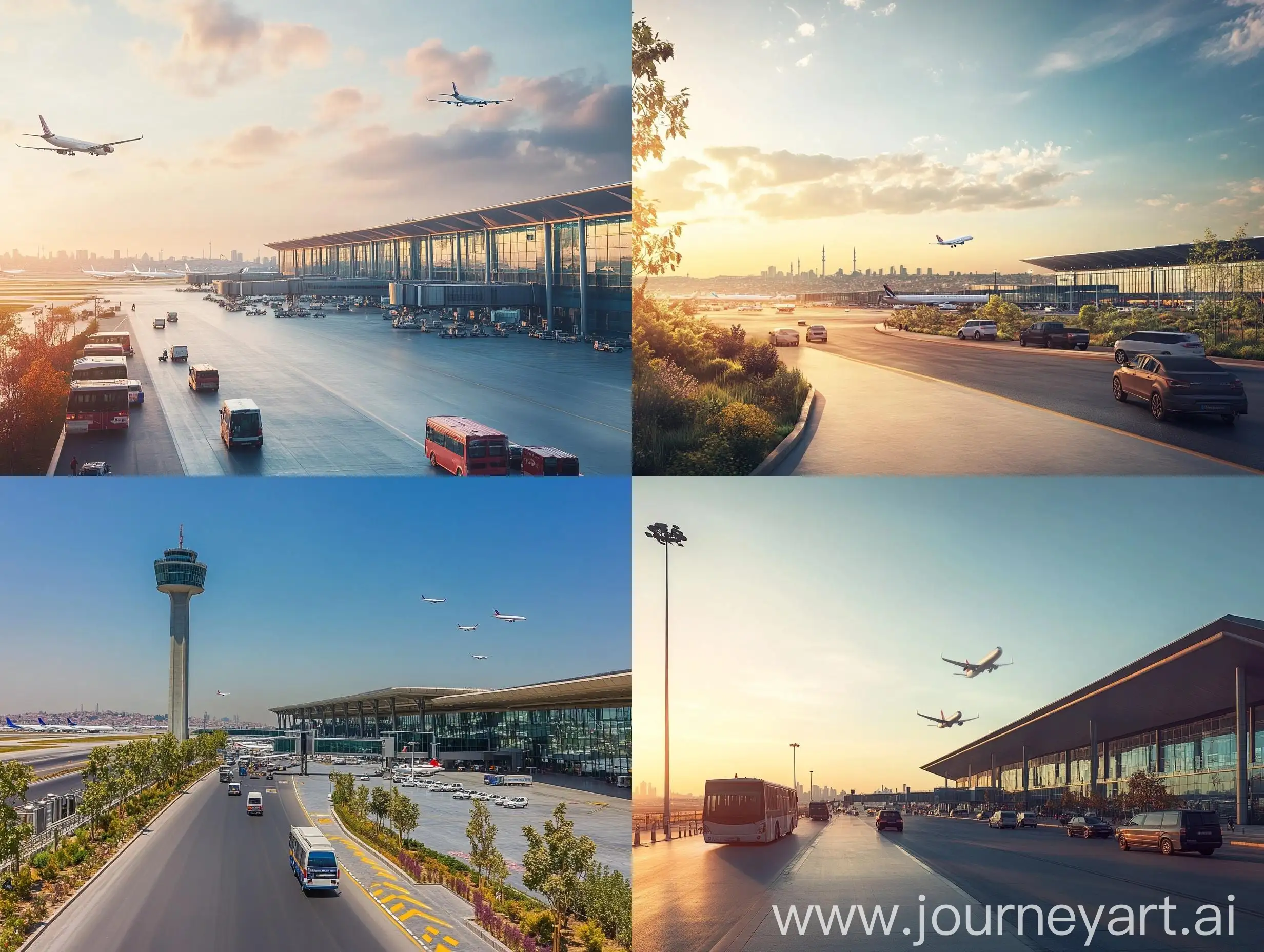 Modern-Tourist-Vehicles-Parked-Near-Istanbul-Airport-with-Planes-in-the-Sky