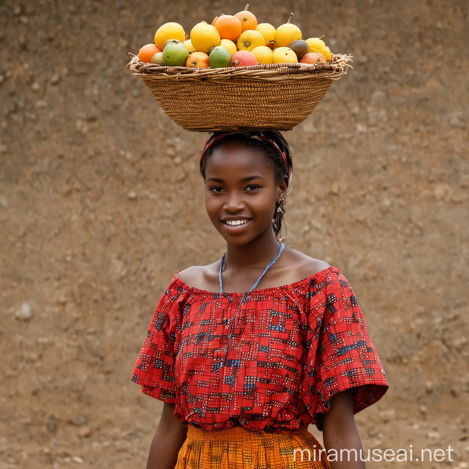 African Women Carrying Basket of Fruit on Head