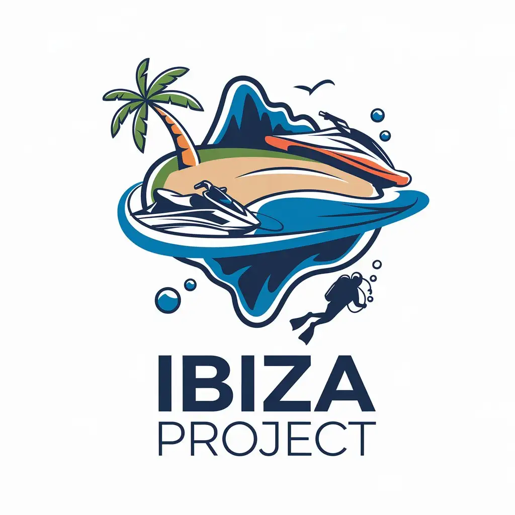 LOGO Design for Ibiza Project Island Beach Palm Jetski and Scuba Elements in Travel Industry Theme