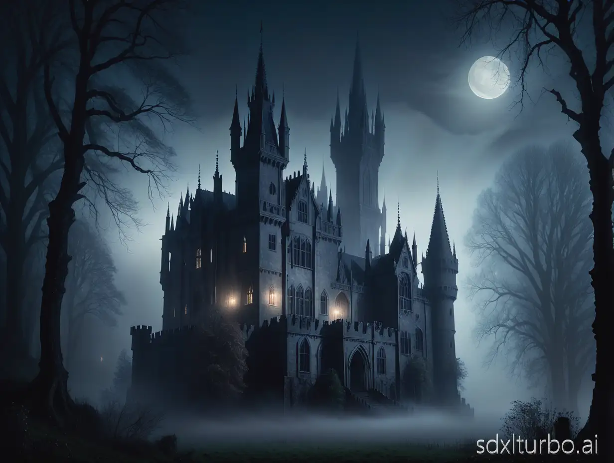 A shadowy gothic castle with pale moonlight, surrounded by thick mist and towering dark trees on the right, with intricate stonework and towering spires, glowing windows casting faint light through the fog, soft and mysterious atmosphere.