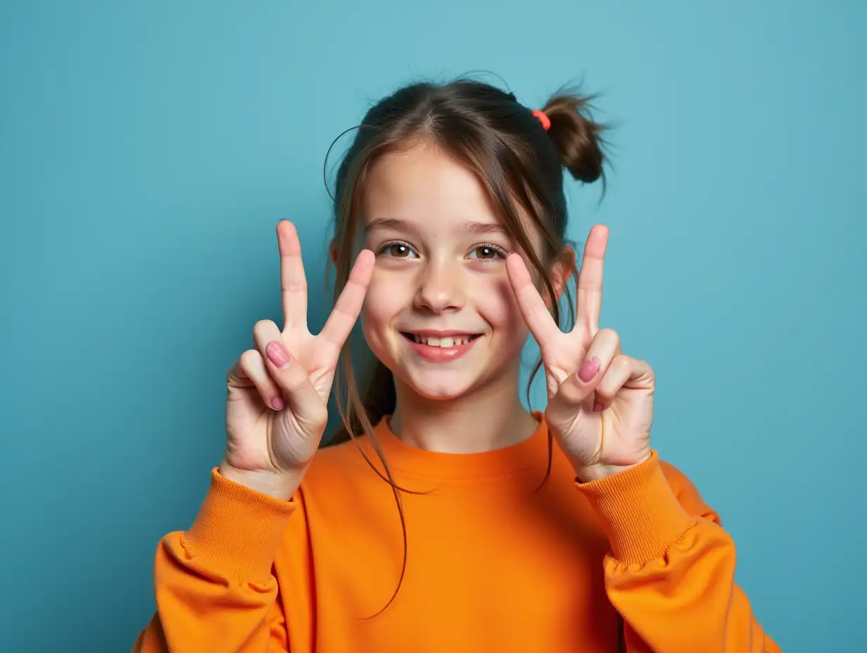 Photo portrait of pretty young girl show v-sign wear trendy orange outfit isolated on blue color background