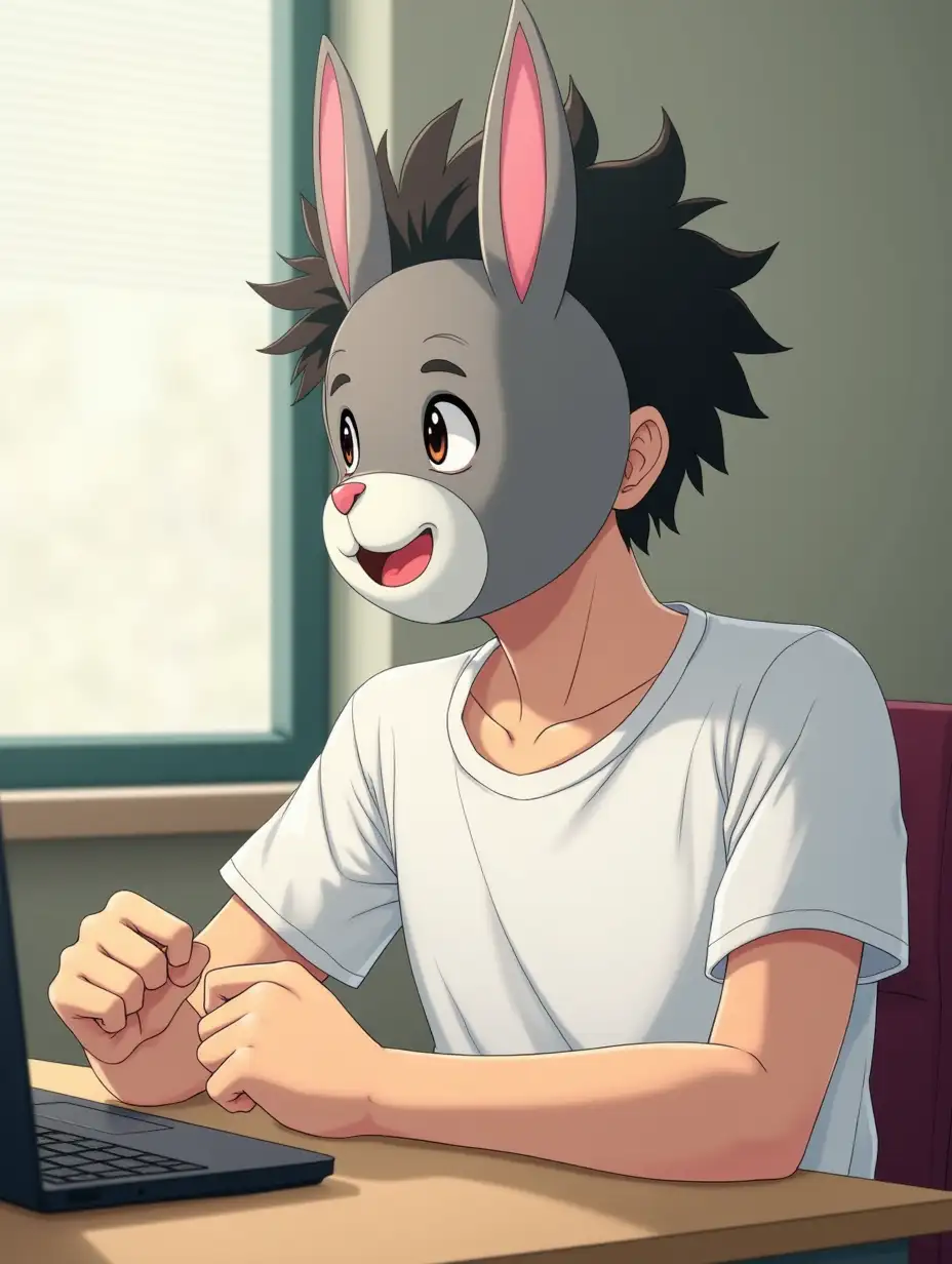 A boy in a white t-shirt. He is wearing a mask of a rabbit on his face. He is sitting at his desk and klenching his fists. Anime style.