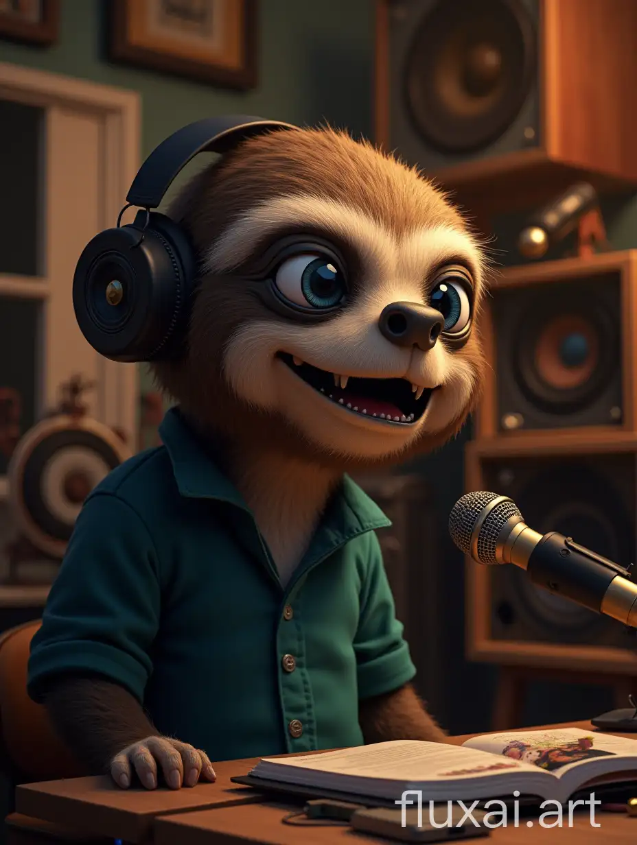 Sloth tells the news of the week against the background of a music studio