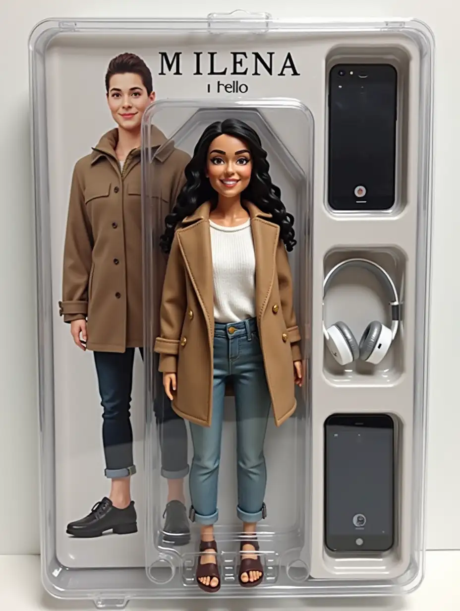 Use this my photo to create my figure in blister packaging, in the style of a premium class collectible figurine. The figure should stand straight and have a relaxed, friendly smile. The blister packaging should have a header with the text [MILENA] in large letters and a subtitle [Hello] below it. Put accessories in compartments to the side:[iPhone 8 Plus black, silver Diesel bag, Air Max headphones]