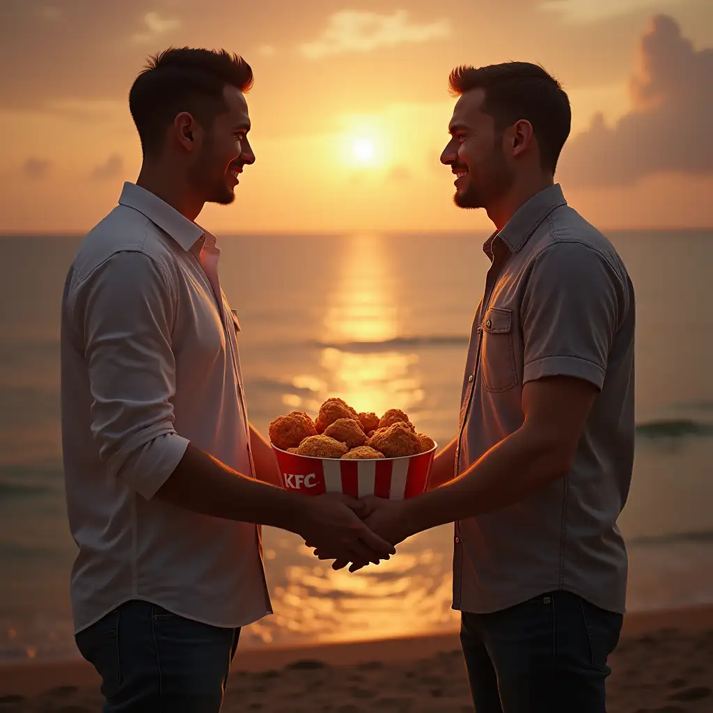 Show me a hyper-realistic, ultra-high-definition depiction of two men holding hands to each other and a KFC chicken basket in their hands because they love each other.