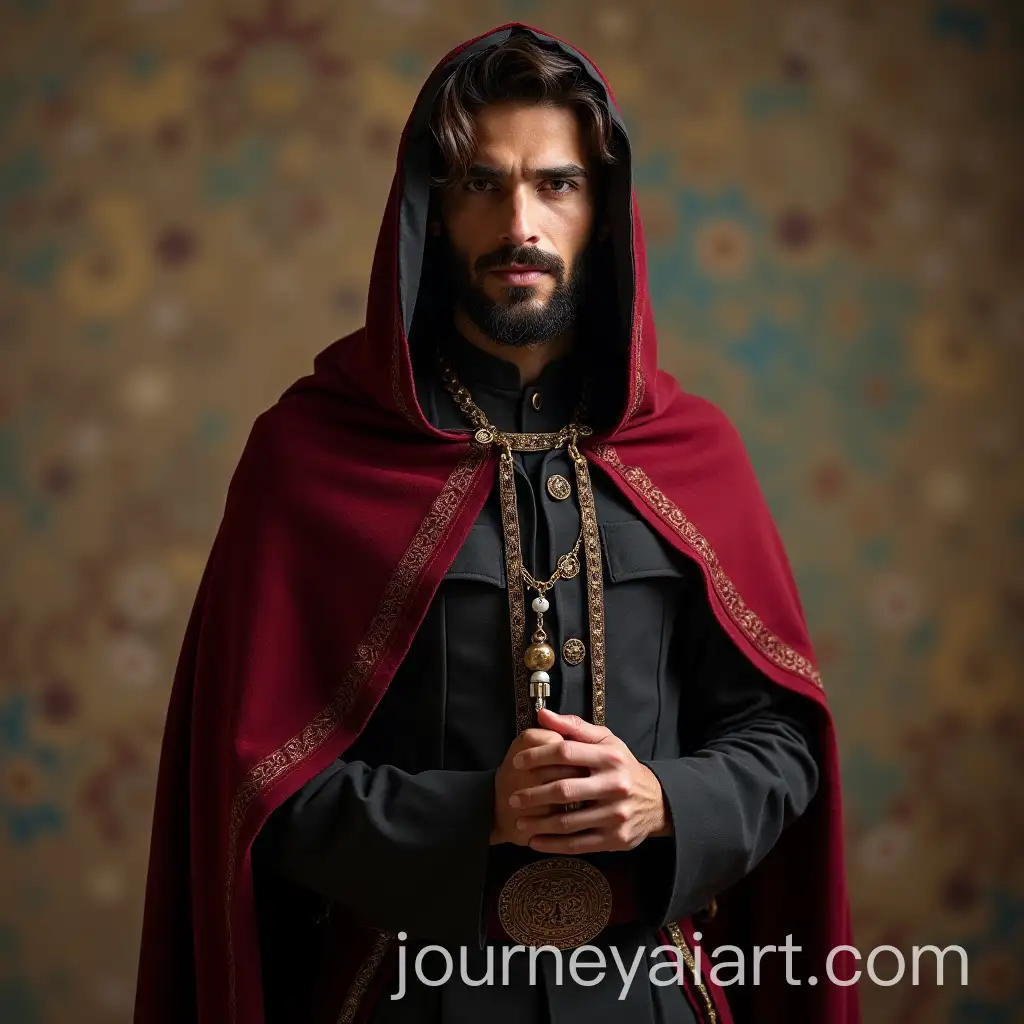 Iranian-Man-Wearing-Feminine-Cape-in-Feminine-Pose-and-Chador-with-Beard