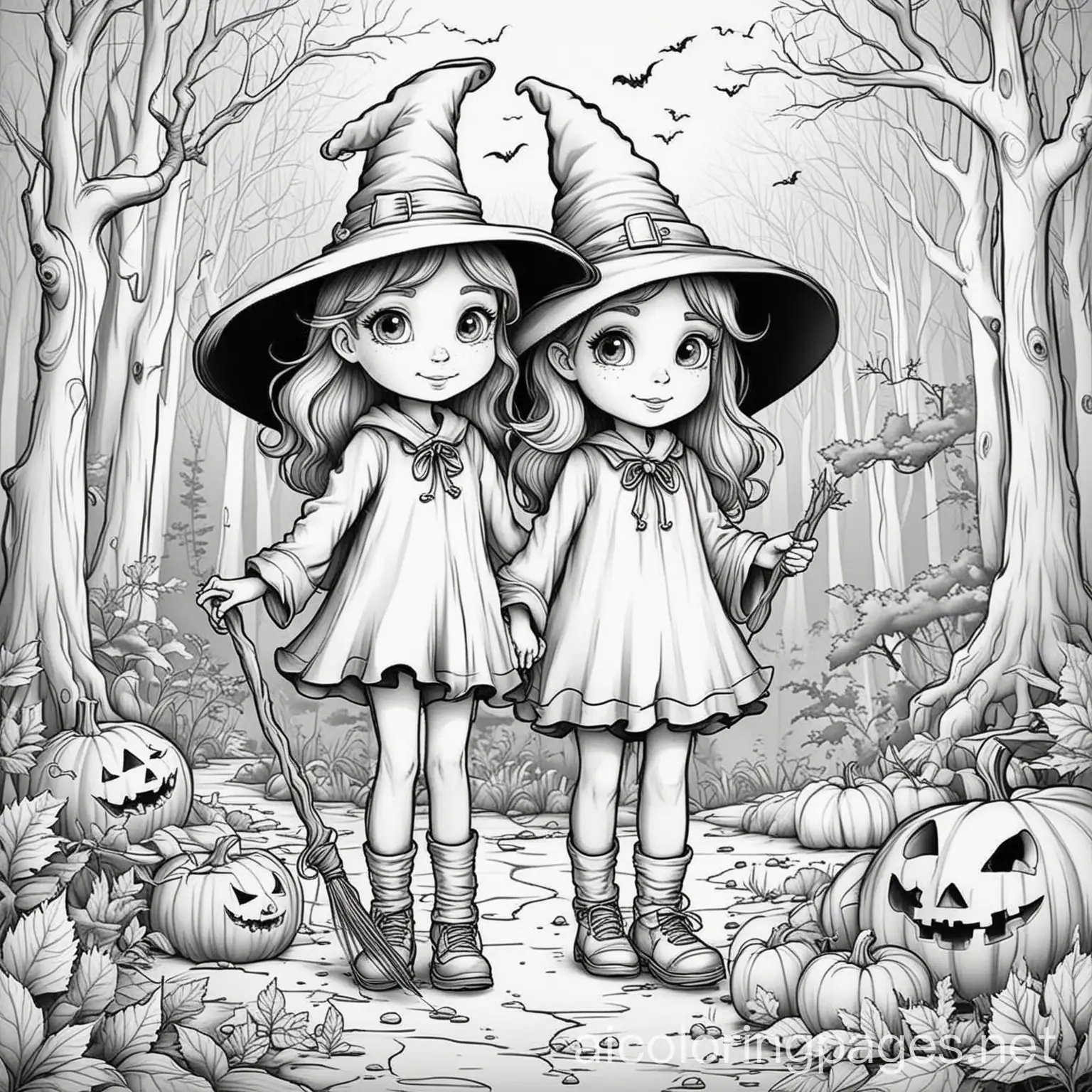 Young-Witches-in-a-Spooky-Forest-Coloring-Page-for-Kids