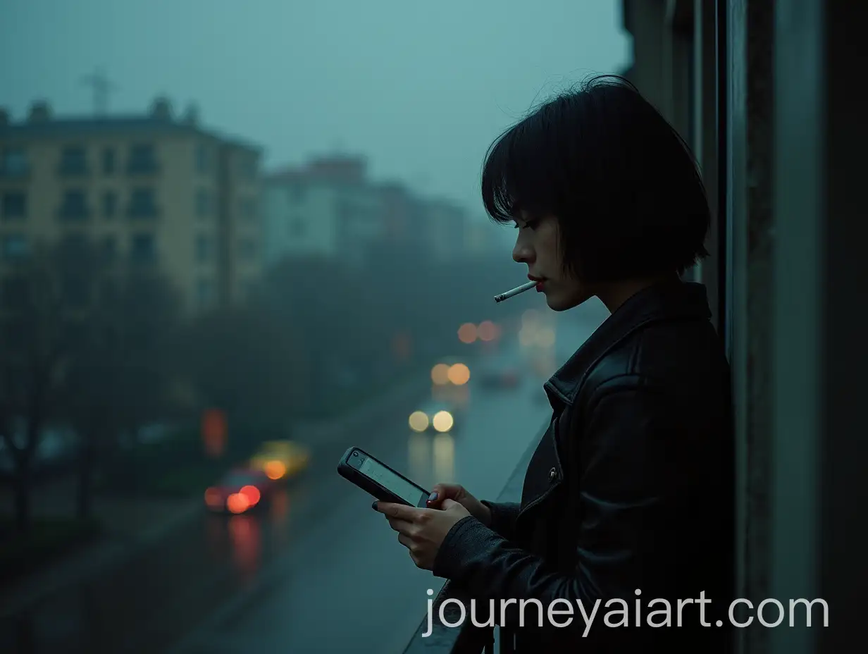 Woman-on-Apartment-Balcony-in-the-Rain-Awaiting-a-Call
