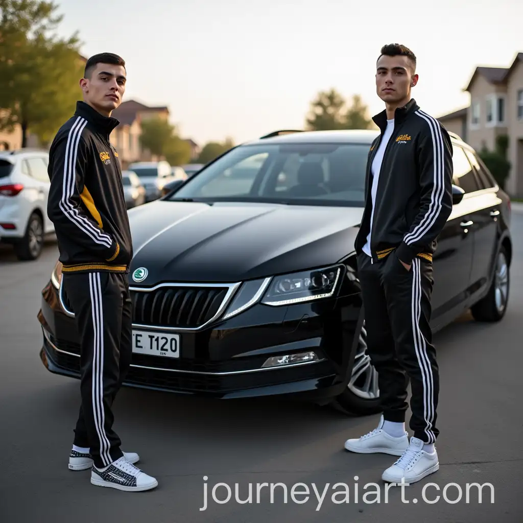 Young-Israeli-Men-in-Tracksuits-and-Tank-Tops-Standing-by-Skoda-Octavia