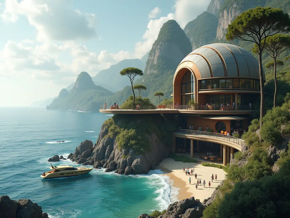 Create a high-resolution, realistic panorama image of a futuristic terrace building with snail house with bridge, a yacht and a small beach with people, many plants and grey and brown facades with sea with waves, big trees, black clouds