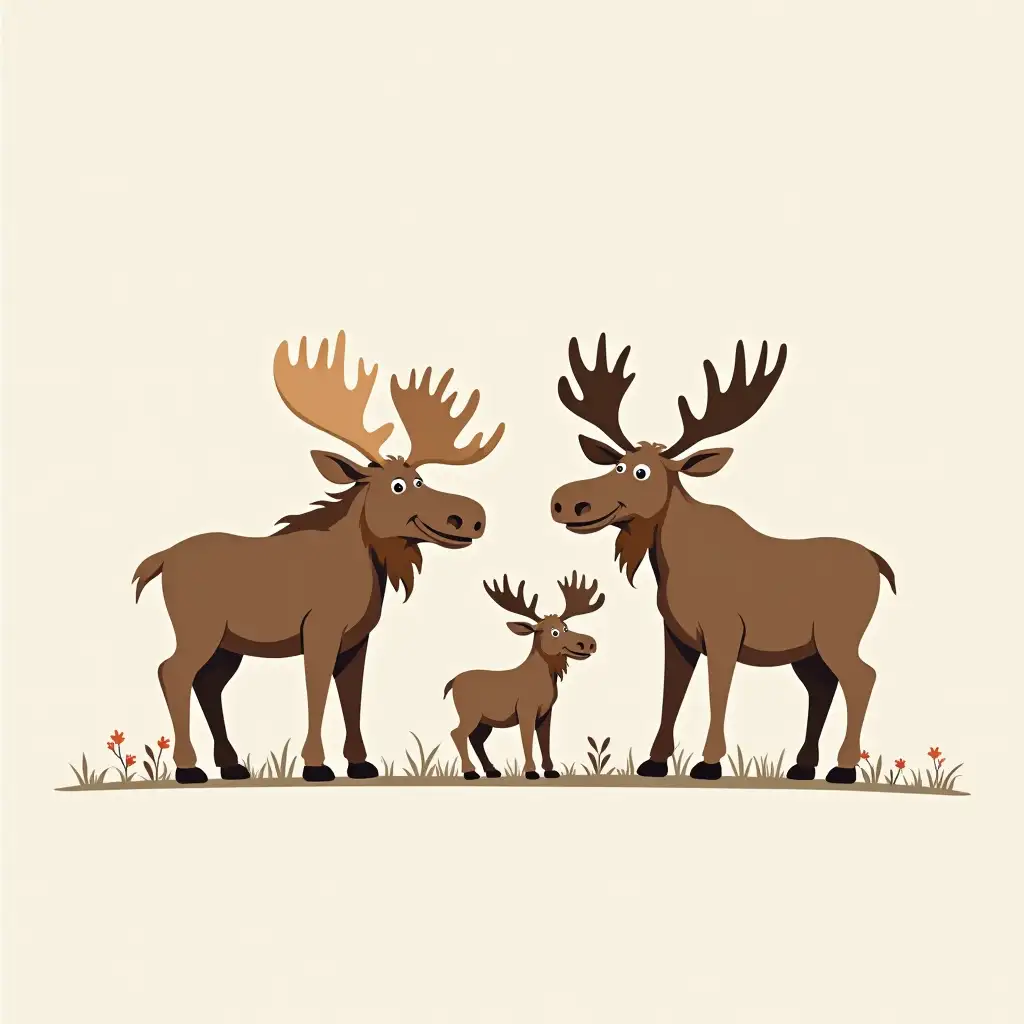 Draw a logo '3 moose - mom moose, dad moose, baby moose'. In the center, a small moose, on the sides adult mooses.