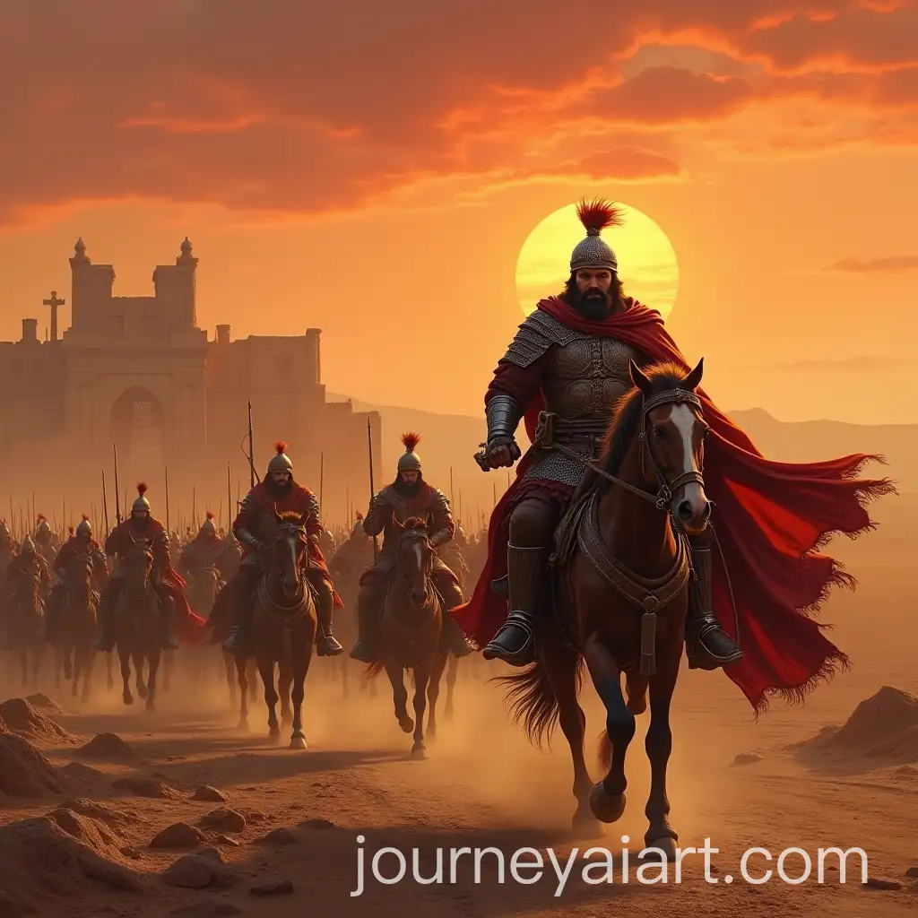 Mongol-Warrior-Leading-Army-Across-Desert-with-Ancient-Ruins-at-Sunset