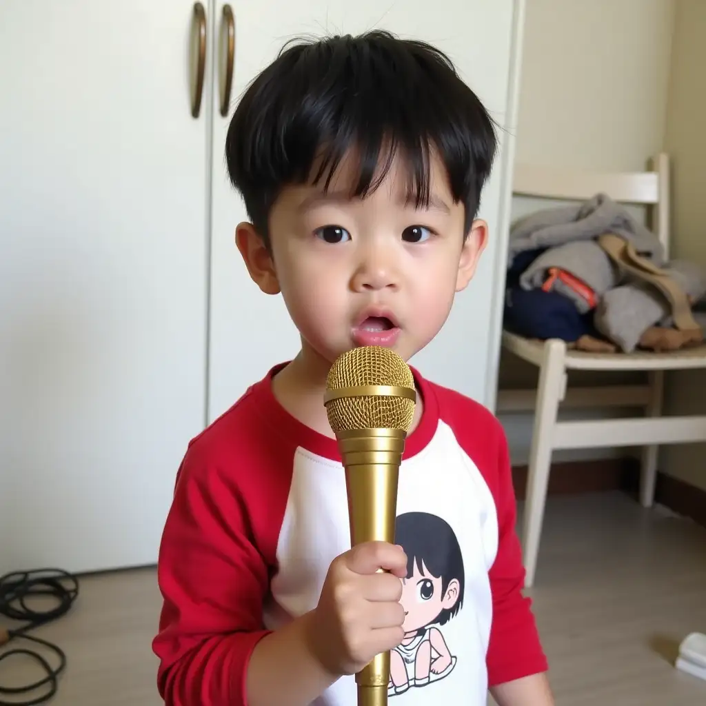 A 3-year-old Korean boy stands indoors holding a golden microphone with a metallic shine, singing or speaking into it. He has short, straight black hair with a simple, slightly tousled style. He is wearing a red and white baseball-style shirt with a character graphic on it. The boy looks directly into the camera with an expressive, curious look. The background features a white closet with vertical handles, and various items like a chair and a bundle of cables are scattered on the floor, giving the room a lived-in, casual atmosphere. The lighting is bright and natural.