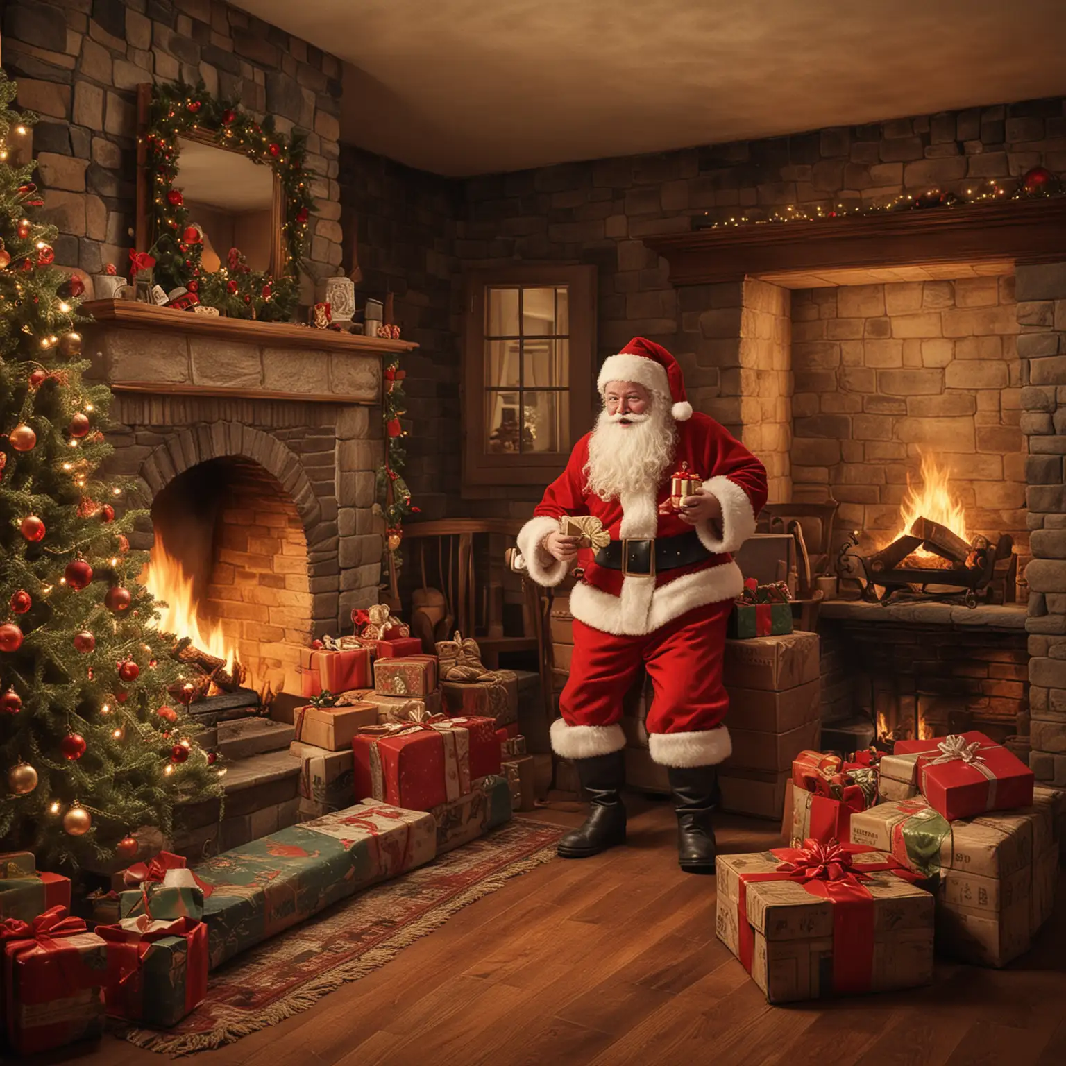 Vintage Santa Claus Delivering Presents by a Christmas Tree in a Cozy Home