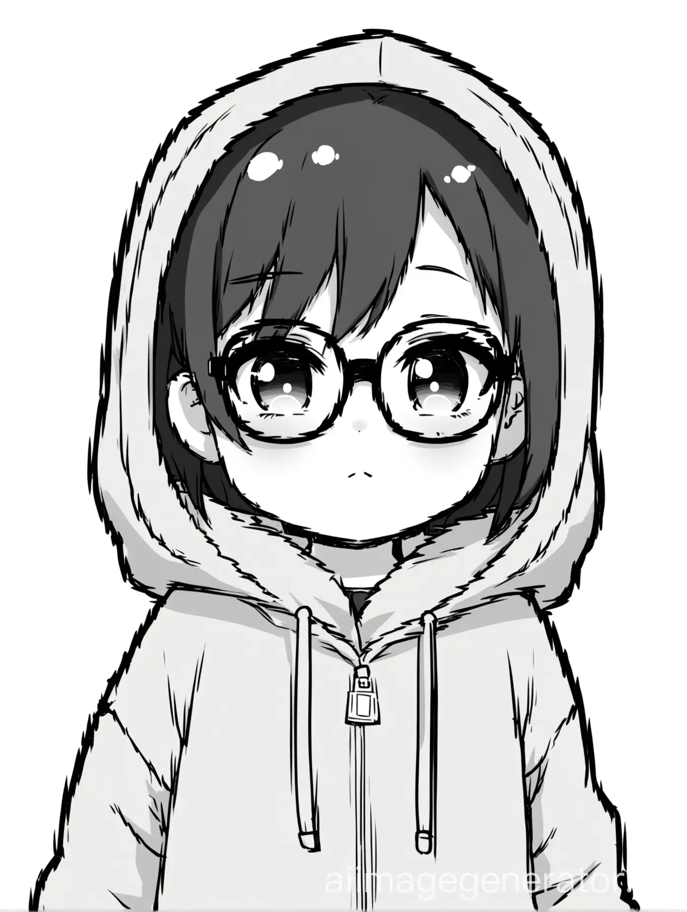 Black and white animation simple Small chibi anime girl wearing glasses hoodie  seeing  front with plane white background