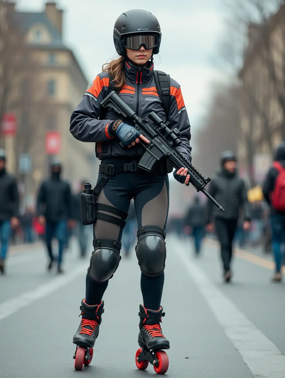 a 17 year old airsoft geared woman at a distance, she is skating on a street, holding a weapon, ordinary people in background, clothes have racing colors, she is wearing lots of functional sportswear, cycling gloves, airsoft helmet with transparent visor over eyes, smartwatch, thick plastic knee pads, modern inline skates with complete organized wheels