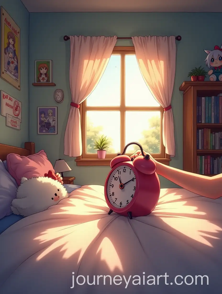 Waking-Up-in-an-AnimeThemed-Bedroom-with-Plushies-and-Manga