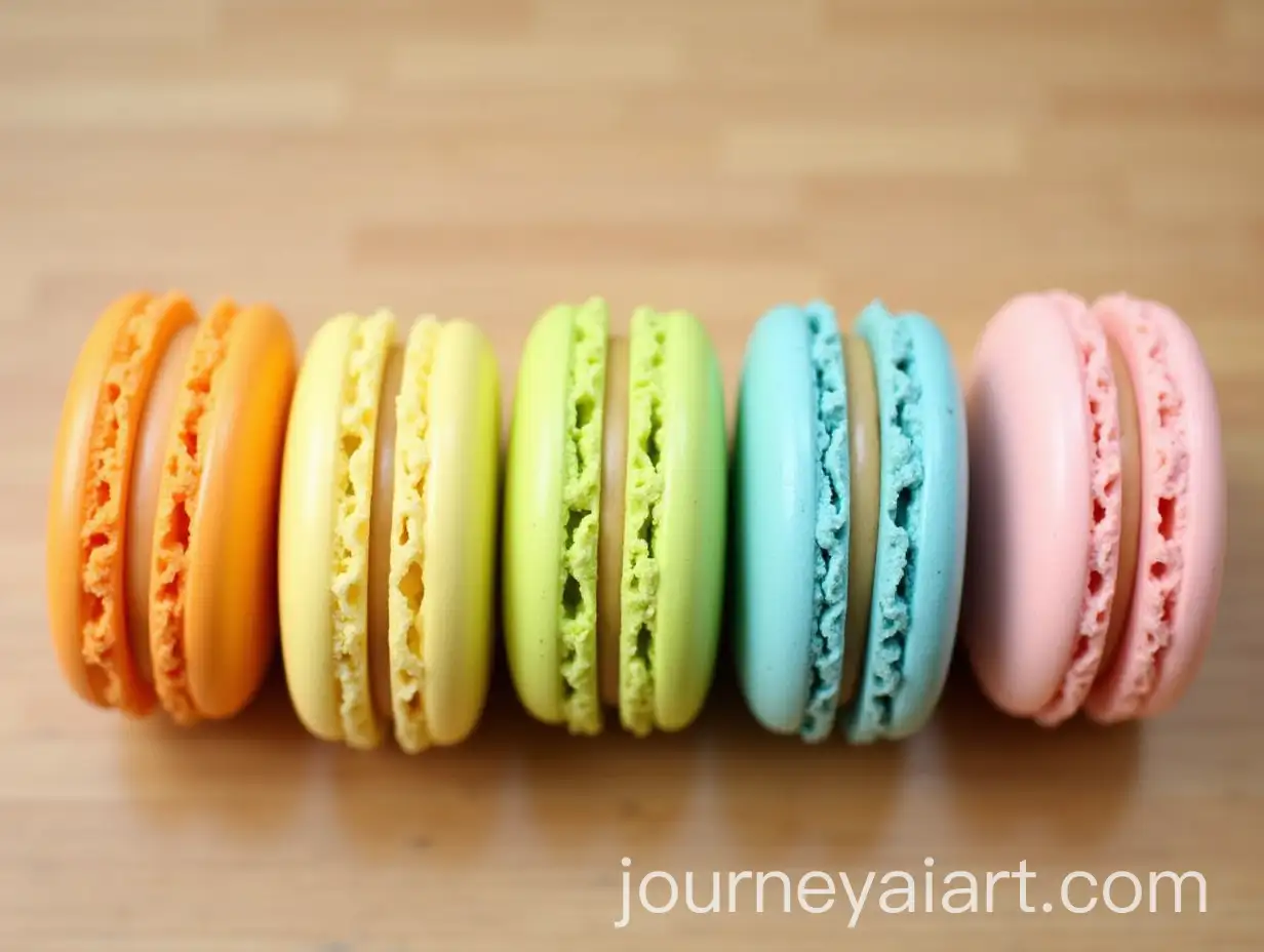 Pastel-Macarons-in-a-Row-on-Wooden-Surface