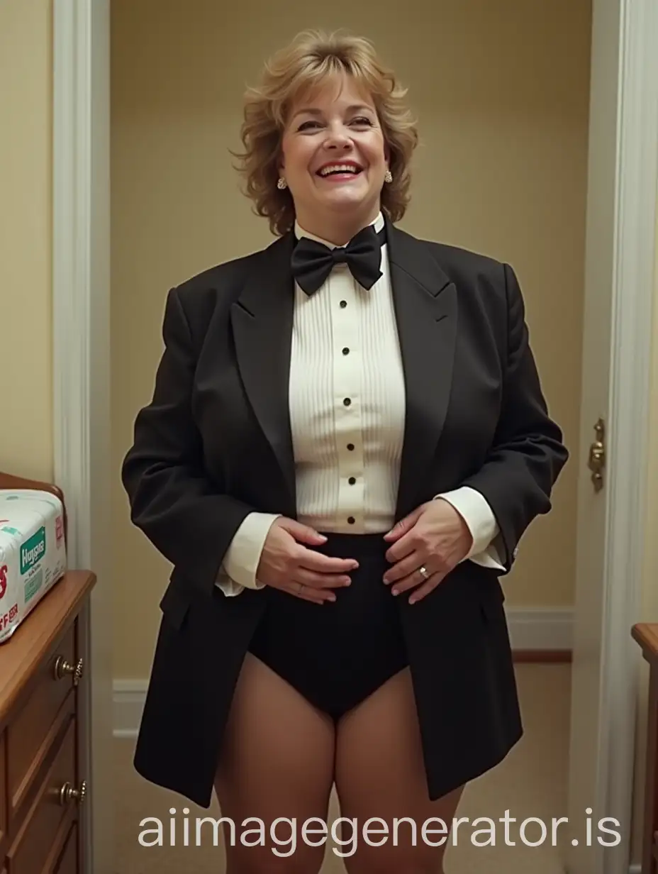 MiddleAged-CaucasianAI-Image-Expansion-Woman-in-Formal-Orchestra-Tuxedo-Holding-Toddler-in-Nursery-with-Huggies-Diapers