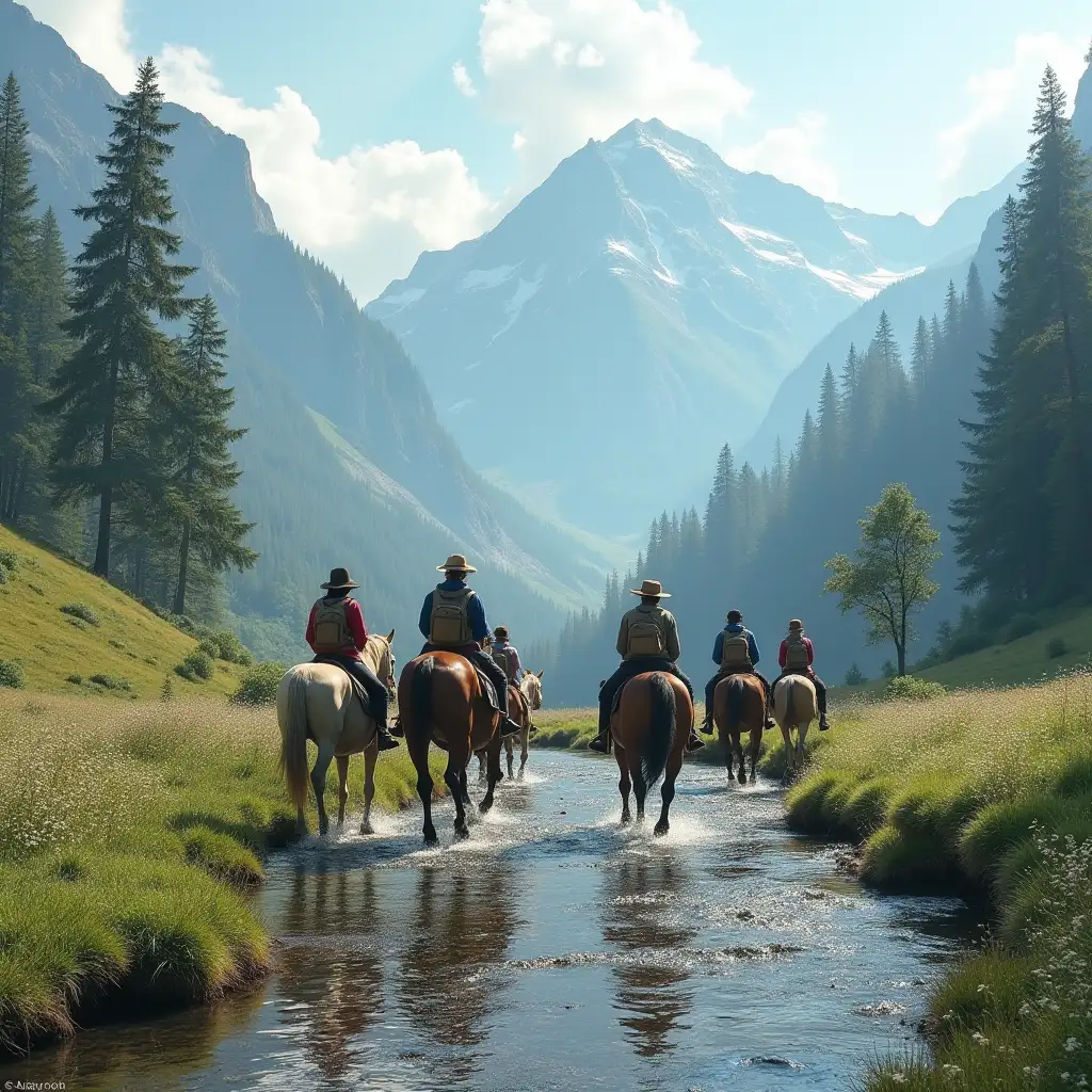 mountain,river,10 horse riders ,sunny