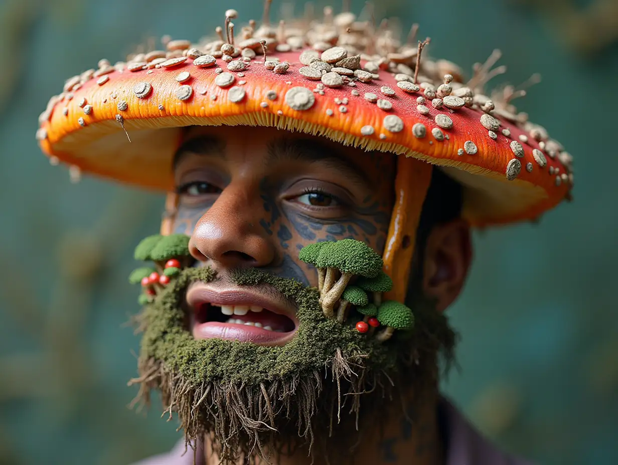 Face with colorful mushroom in mouth roots transformed into building