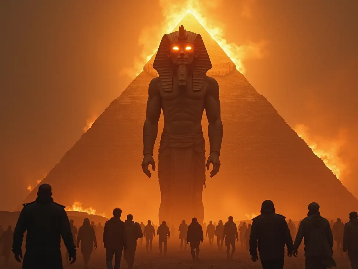 mummy titan, totenkopf glowing eyes 12 meters high at the Egyptian pyramids, many people