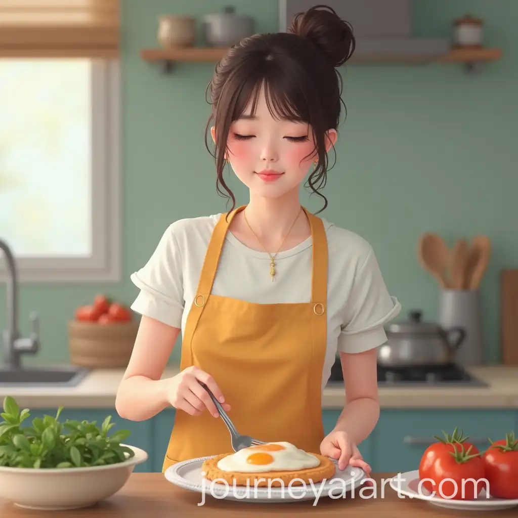 Beautiful-Asian-Housewife-Cooking-Breakfast-in-Cute-Apron-and-Hairstyle