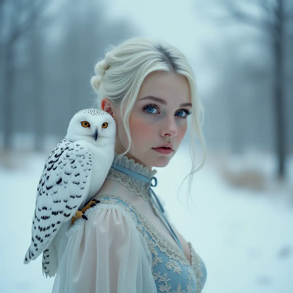 Young-Woman-in-Victorian-Clothing-with-White-Owl-in-Winter-Landscape