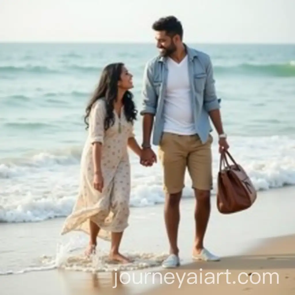 Indian-Couple-Enjoying-Beach-Fun-Man-Carrying-Bag-Woman-Playing-with-Waves