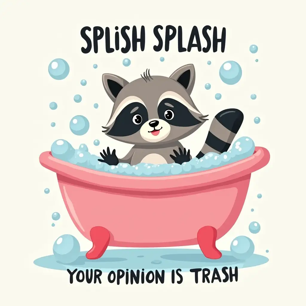 Create a whimsical and playful illustration featuring a raccoon in a pink bathtub filled with bubbles. The raccoon should look cute and mischievous, splashing water around. Include the bold text 'SPLISH SPLASH' at the top and 'YOUR OPINION IS TRASH' at the bottom in a fun, eye-catching font. Use vibrant colors to enhance the playful vibe of the image.