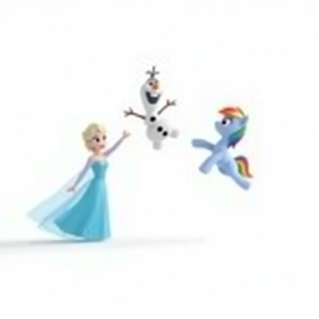 A photo with Elsa (Elsa, Frozen) & Olaf (Olaf, Frozen) & Rainbow Dash (Rainbow Dash, My Little Pony) on a pure white background, Elsa is on the left, Rainbow Dash is on the right and Olaf is in the middle jumping as high as Elsa and Rainbow Dash, the clarity of the three images is very high