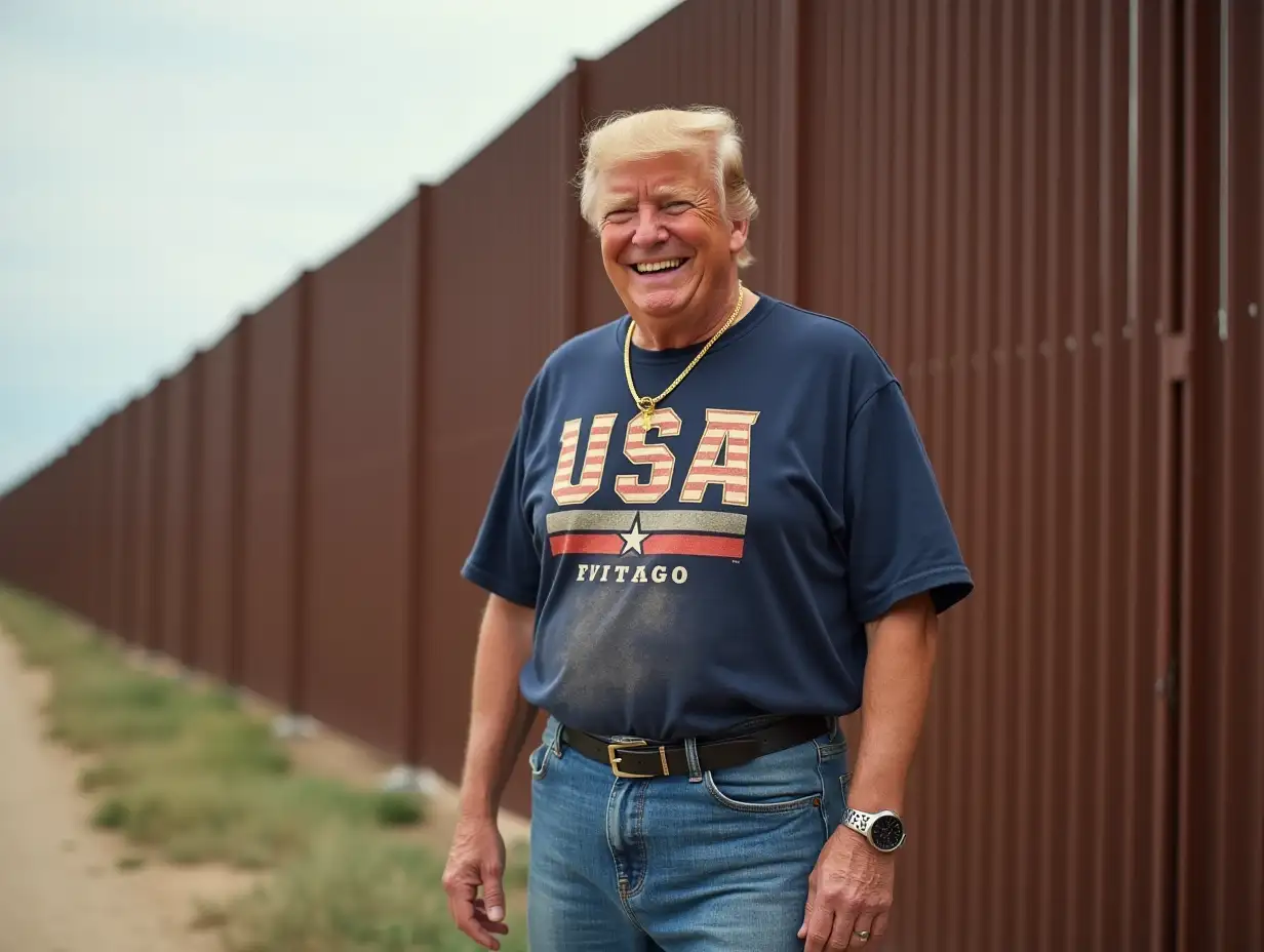 Donald Trump, smiling next to border wall, wearing baggy jeans, USA T-shirt, one thick golden necklace