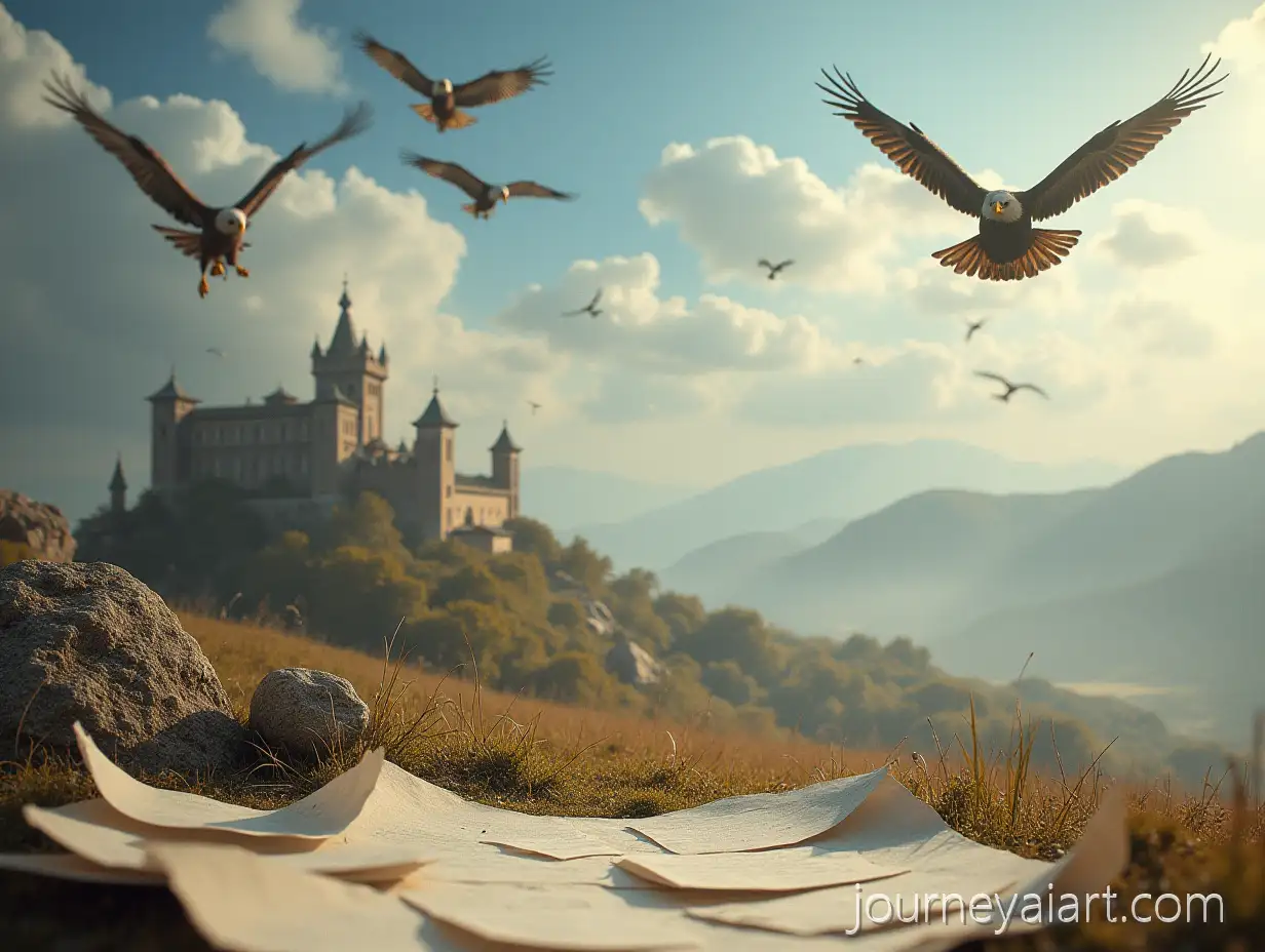 Poet-Contemplating-Scattered-Papers-Beneath-Skyborne-Balance-and-Distant-Castle-with-Eagles